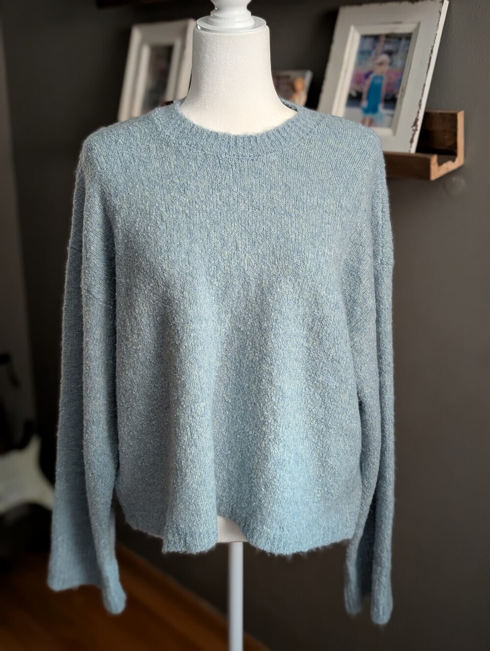 NWT EDDIE BAUER Light Blue Alpaca Blend Fuzzy Knit Crew Neck Sweater Womens M